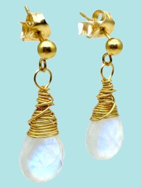 Natural Rainbow Moonstone Gold Filled Earrings, Handmade June Birthstone Gift